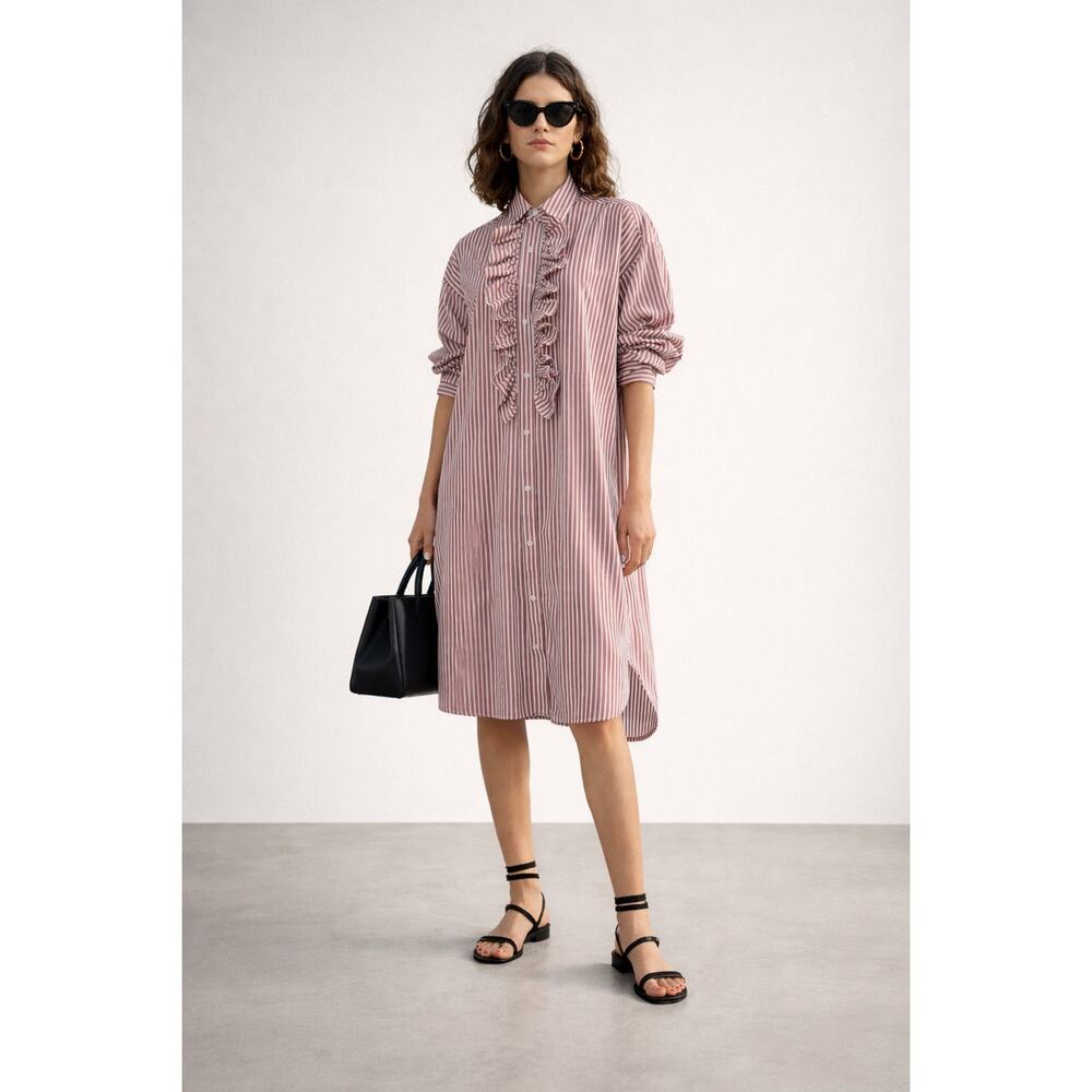 Plan C Ruffle Collared Crisp Cotton Shirt Dress Preppy Striped 42 Size 6